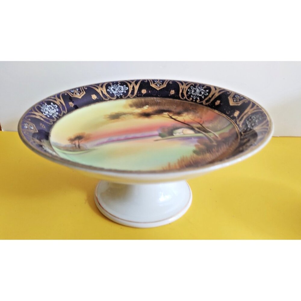 Vintage Metio Japan  Porcelain Footed Compote Gold Borders 8 3/4" x 4" high
